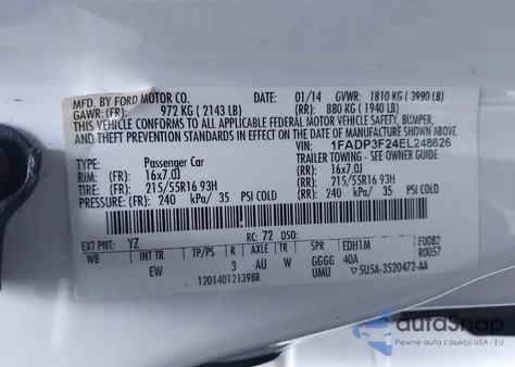 2014 Ford Focus Se from USA, damaged, VIN 1FADP3F24EL248626